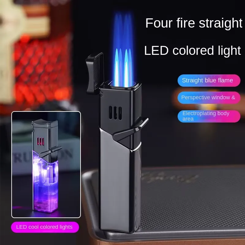 Electronics Gadgets For Gift - ไฟแช็กซิการ์โลหะกันลม เปลวไฟเจ็ท ใช้แก๊สบิวเทน หัวจุดไฟสี่หัว อุปกรณ์เสริมสำหรับสูบบุหรี่อิเล็กทรอนิกส์ ของขวัญสำหรับผู้ชาย