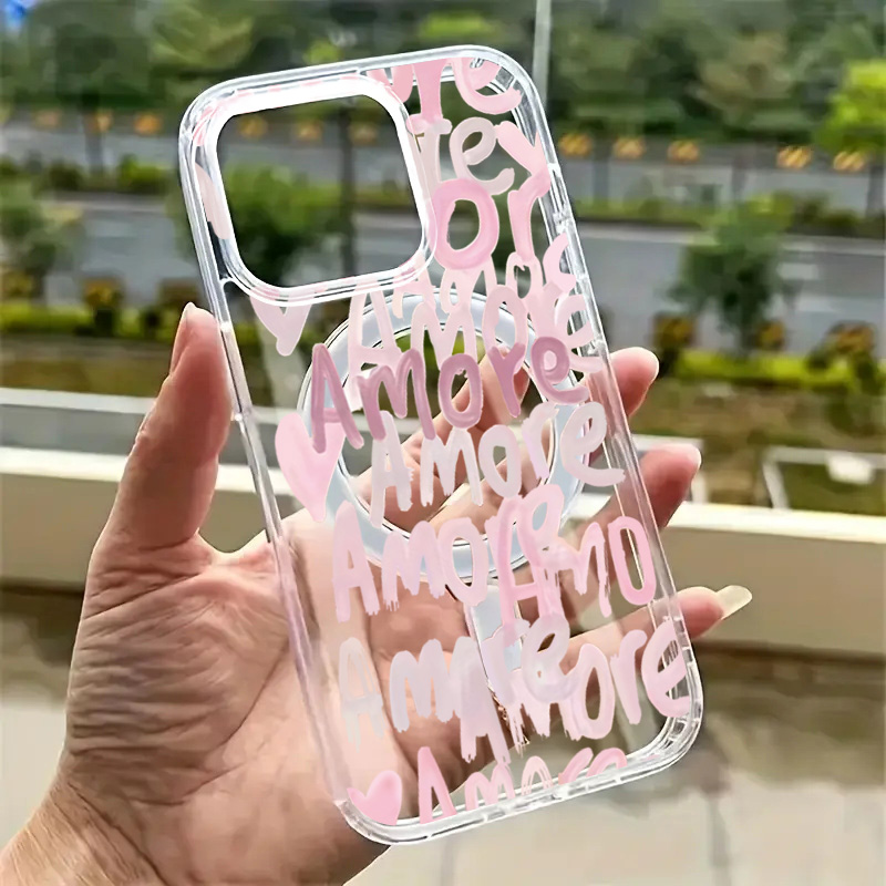 Wireless Charger - เคสโทรศัพท์ลายตัวอักษรสีชมพูโรแมนติก Amore-Love สำหรับ iPhone 18 17