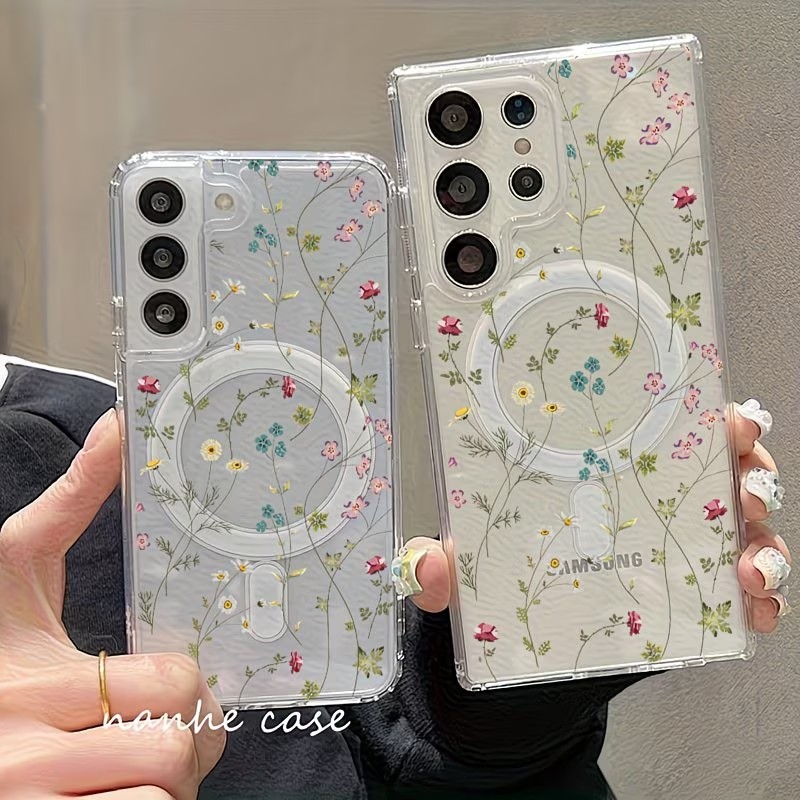 Wireless Charger - เคสโทรศัพท์ลายดอกไม้แบบแม่เหล็ก สำหรับ Samsung Galaxy S26 S25