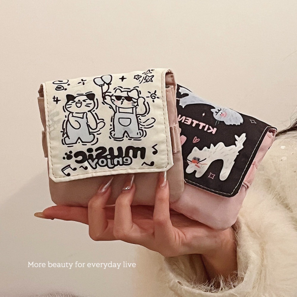 Cable Organizer - กระเป๋าจัดเก็บสายเคเบิลขนาดเล็ก กระเป๋าใส่ผ้าอนามัยอเนกประสงค์ ความจุขนาดใหญ่ กระเป๋าใส่ผ้าเช็ดปาก กระเป๋าเก็บของลายการ์ตูนแมวน้อย กระเป๋าใส่เหรียญ